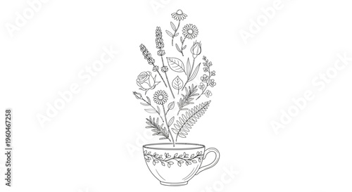 Herbal Tea Cup Illustration: Steaming Herbs and Flowers from a Floral Mug