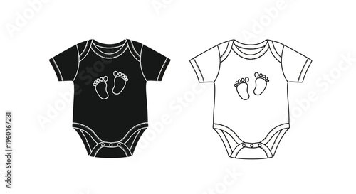 Black and white baby bodysuit designs with tiny footprint illustrations