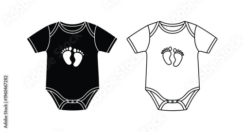 Two baby onesies one black and one white with baby footprint designs