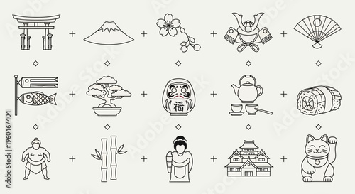 Japanese Culture Icons: Traditional Symbols Collection, Vector Line Art