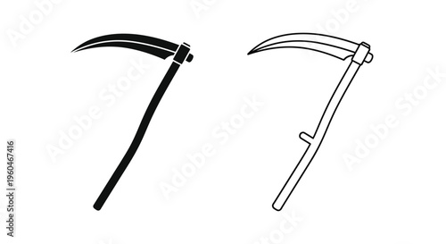 Two black and white illustrations of traditional scythes side by side