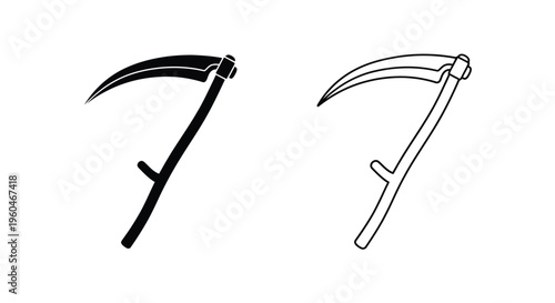 Two scythe illustrations a black filled version and a white outline