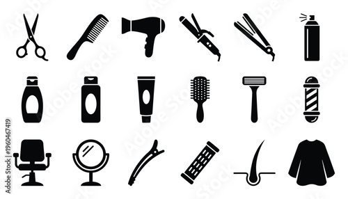 Essential hair care and barber shop tools and accessories depicted as solid icons useful for salon menus, professional service displays, or grooming product packaging