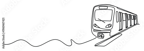 A continuous line drawing depicting a modern public transport train or subway car, ideal for graphics related to urban travel, city infrastructure, and transit concepts.