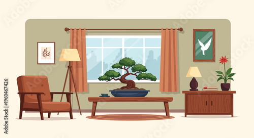 Cozy Living Room with Bonsai Tree, Armchair, and Window View