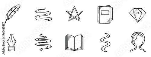 Doodle style outline icon set featuring a feather, pen nib, books, mystical star, diamond, wavy lines, and a head silhouette, useful for various web, print, and educational graphic design