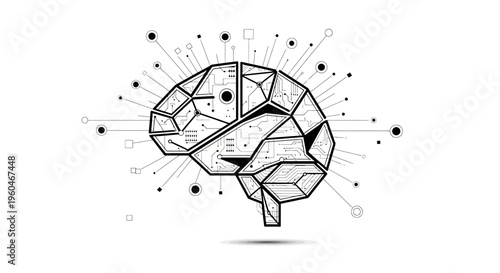 Abstract Geometric Brain Icon with Neural Network Connections, Digital Art