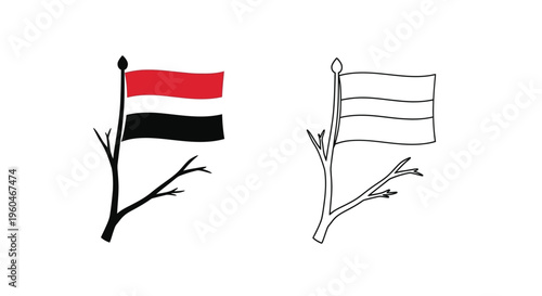Two stylized depictions of the syrian flag waving on branches