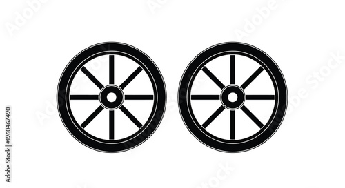 Two black wheels with spokes against a white background