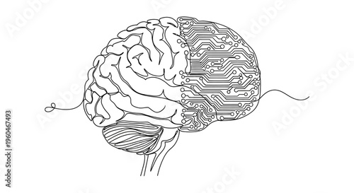 AI Brain Concept: Human Mind Merging with Technology and Circuits