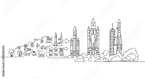 Rocket Launch Sequence: From Idea to Space Exploration, Business Growth Concept