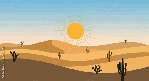 Desert Landscape with Cacti and Sun