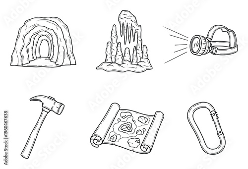 Essential gear for underground exploration including cave entrances, mineral formations, bright headlamps, sturdy hammers, ancient maps, and secure carabiners for adventurers.