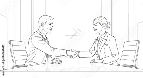 Business handshake agreement: man and woman in office meeting, successful partnership