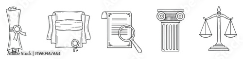 A versatile collection of legal system symbols including a sealed scroll, a document under scrutiny, a majestic classical column, and the iconic scales of justice, ideal for legal practice
