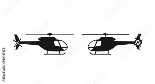 Two black silhouette helicopters shown in side view one facing left one right