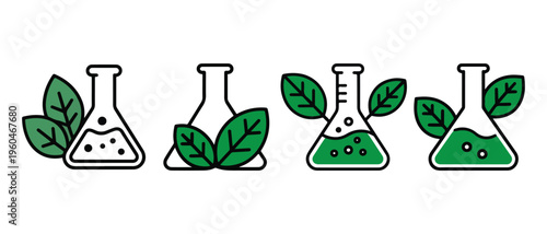 Green Leaves and Lab Flasks Icon Set. for Organic Chemistry and Natural Science Research.