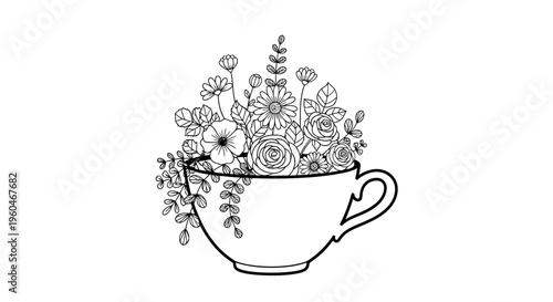 Hand-drawn floral teacup illustration: delicate flowers spilling from a cup