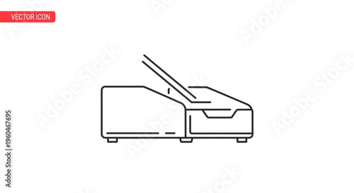 Sleek line art illustration of an office document scanner with lid open preparing to digitize
