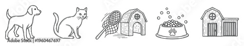 Engaging collection of pet and animal care icons featuring a friendly dog, curious cat, catching net, rustic animal shelter, bubbling food bowl, and traditional barn outline for various