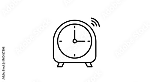 Minimalist line art illustration of a classic desk alarm clock ringing on a white background,
