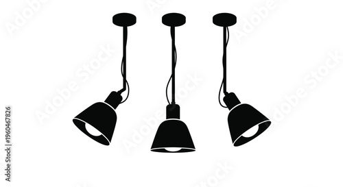 Three black pendant lights hang from the ceiling in a minimalist style