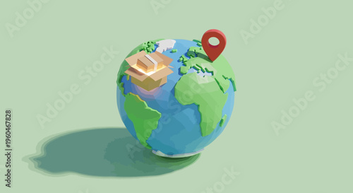 Global delivery box on planet earth with location pin, international shipping concept