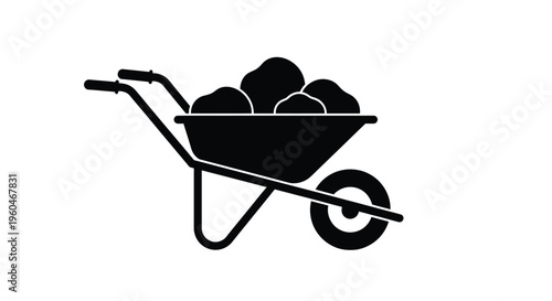 A black silhouette of a wheelbarrow filled with rounded rocks or stones