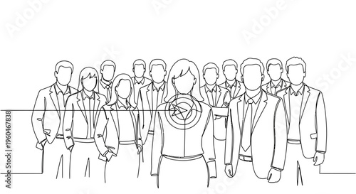 Diverse business team, confident leader in front, professional sketch illustration