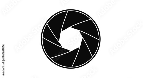 A black and white illustration of a camera aperture diaphragm