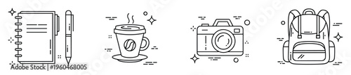 Collection of essential travel and study items including a notebook, pen, hot coffee cup, camera, and backpack, perfect for lifestyle blogs, educational resources, or digital media