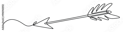 Dynamic single continuous line drawing of an arrow symbol with feathered fletching pointing left, perfect for modern graphic design, web icons, and creative branding projects.