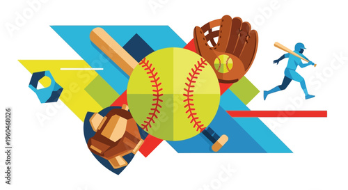 Baseball and Softball Sports Equipment with Abstract Geometric Background