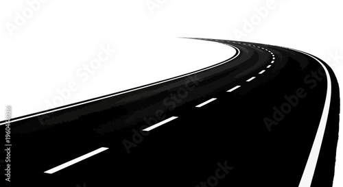 Curving asphalt road with white dashed lines, isolated on white background