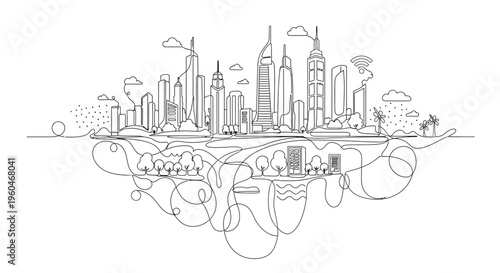 Smart City Skyline with Connectivity Lines and Abstract Network