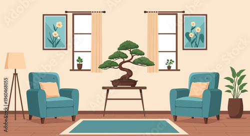 Cozy Living Room with Bonsai Tree, Armchairs, and Artwork