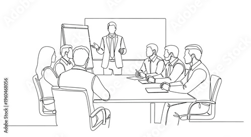 Business meeting in progress, speaker presenting to attentive audience around conference table
