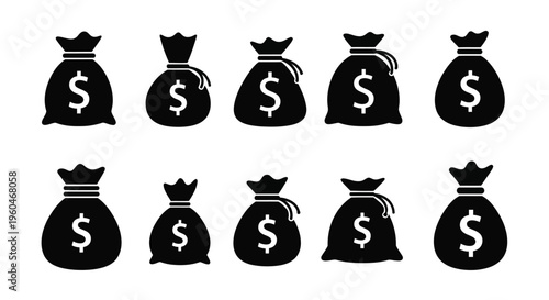 A collection of black silhouettes depicting money bags with dollar signs