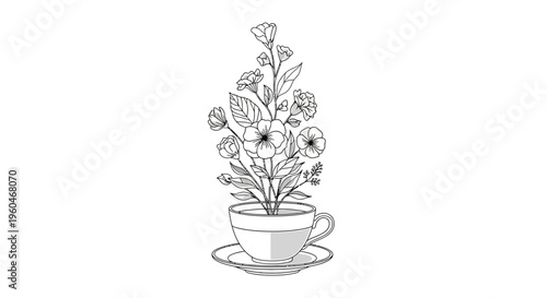 Delicate floral arrangement blooming from a teacup and saucer, line art illustration
