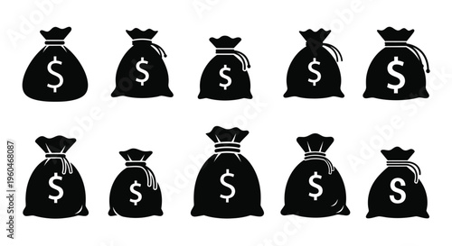 Black and white illustration of nine money bags with dollar signs