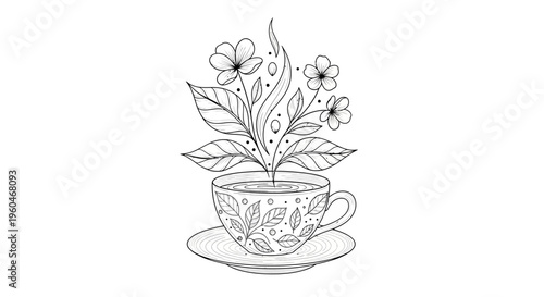 Steaming Cup of Tea with Blooming Flowers and Leaves, Herbal Infusion