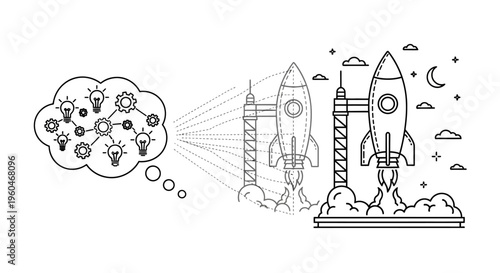 Startup Idea Launch: Rocket Launching from Brainstorming Cloud with Lightbulbs