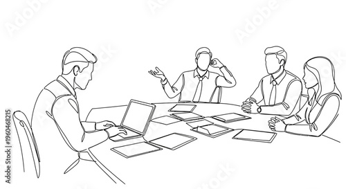 Business Meeting Discussion: Team Collaboration and Strategy Planning at Conference Table
