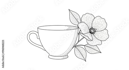 Vintage teacup with blooming rose branch, elegant line art illustration