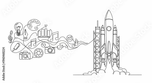 Creative Launch: Rocket Takes Off with Art, Music, and Technology Symbols