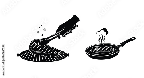 Cooking steak with tongs and a frying pan black and white illustration