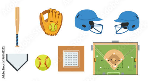 Baseball and Softball Equipment Collection: Bat, Glove, Ball, Helmets, Field, Home Plate