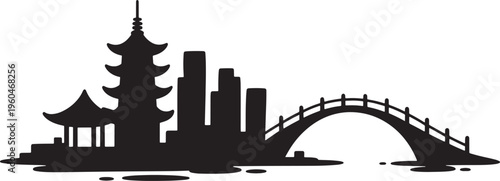 Asian landscape silhouette with traditional pagoda temple oriental bridge and city skyscrapers