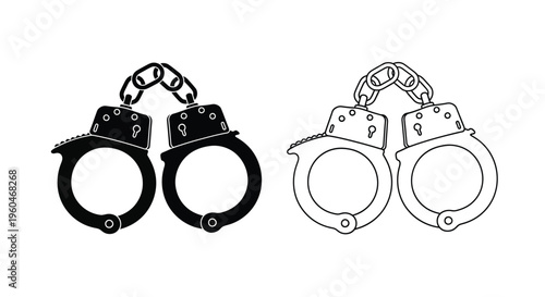 A pair of black and white handcuffs depicted in a simple line drawing style