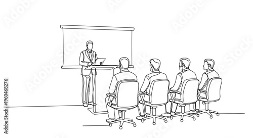 Business meeting presentation: speaker addressing audience in conference room with projector screen